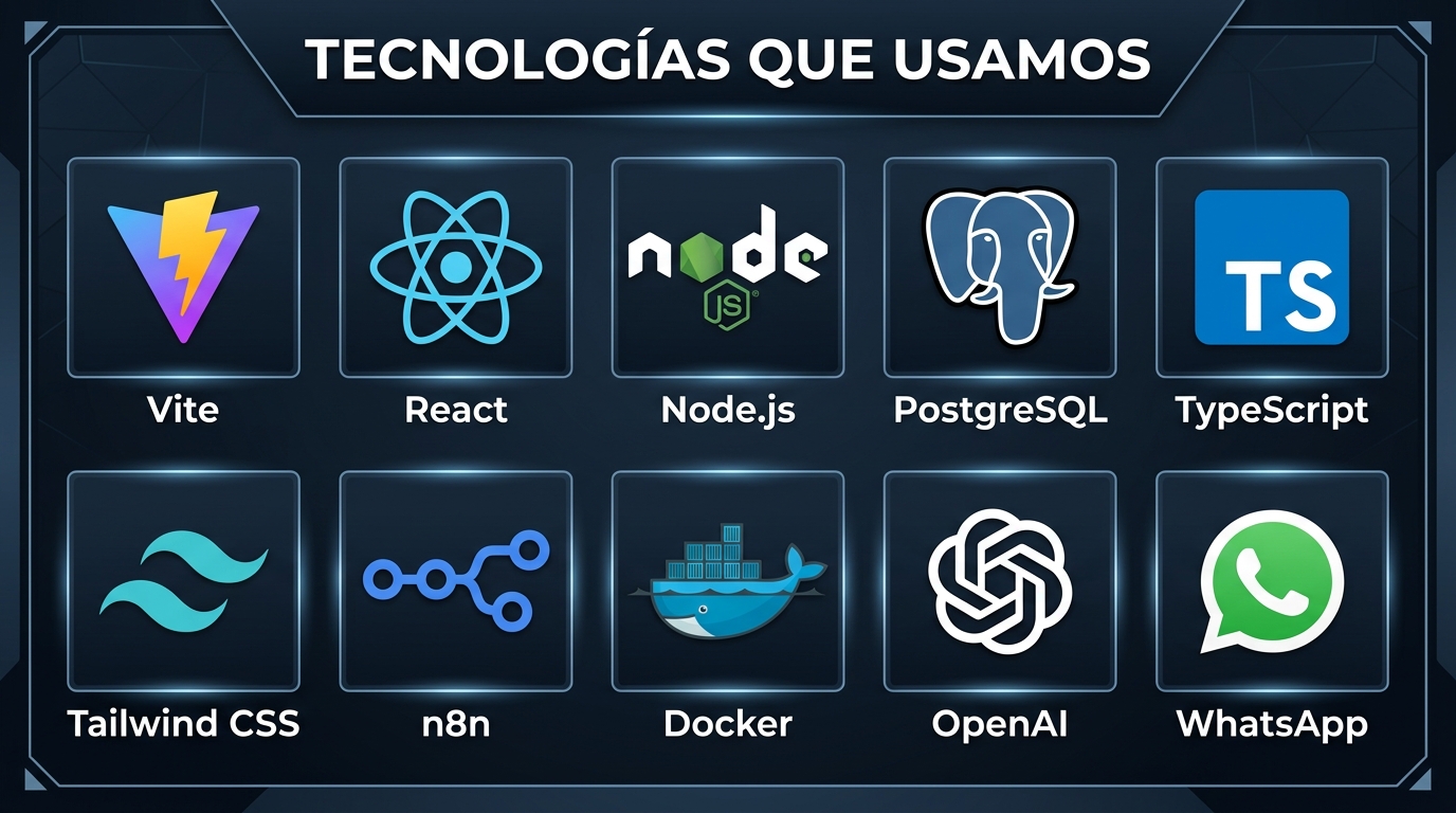 Tecnologías robustas que usamos: Vite, React, Node.js, PostgreSQL, TypeScript, Tailwind, Docker, OpenAI, WhatsApp